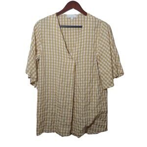 Weekend by Suzanne Betro womens tunic size XL yellow white plaid bell sleeve